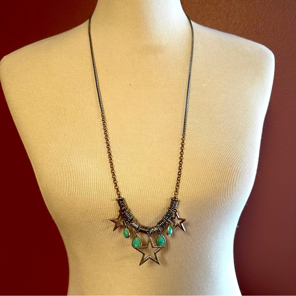 Lucky Brand star charm with turquoise bead accents on long silver hardware chain